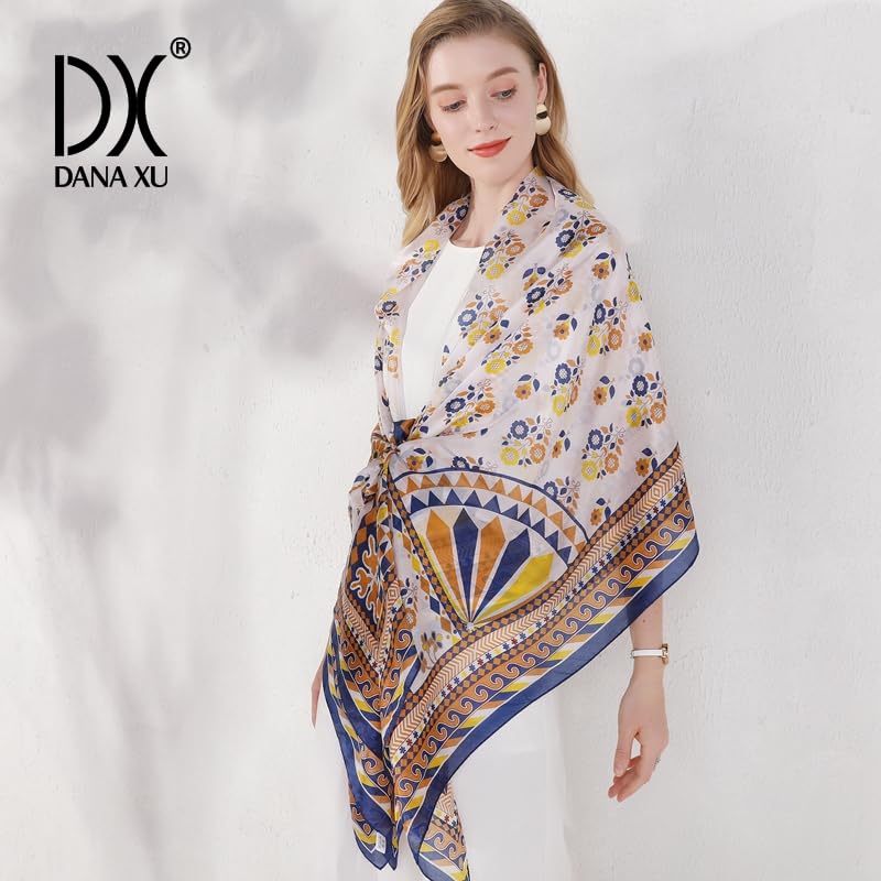 DANA XU 100% Mulberry Satin Silk Summer Travel Scarf Extra Large Women Floral Shawl Oversize Soft Wraps For Evening Dresses