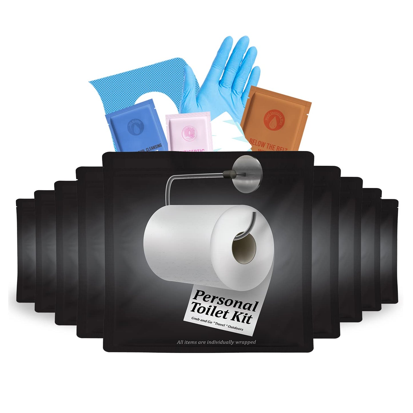 Personal Toilet Kit To Go – 10 Pack | Disposable Public Restroom Kit | Individually Wrapped for Toilet Protection Kit | Toilet Paper, Toilet Seat Cover, Butt Wipes, Cleansing Wipes (White)