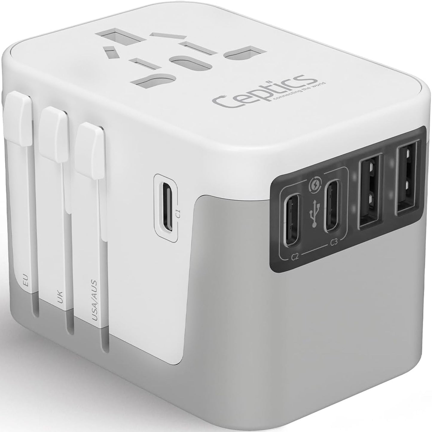 Ceptics Universal Travel Adapter Kit - 2 USB, USB-C Cord+2 US Outlets QC 3.0, Surge Protection, Plugs for Europe, UK, China, Australia, Japan - Perfect for Laptop, Cell Phones, Cameras,Safe ETL Tested