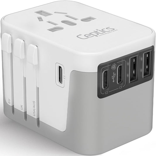 Ceptics Universal Travel Adapter Kit - 2 USB, USB-C Cord+2 US Outlets QC 3.0, Surge Protection, Plugs for Europe, UK, China, Australia, Japan - Perfect for Laptop, Cell Phones, Cameras,Safe ETL Tested