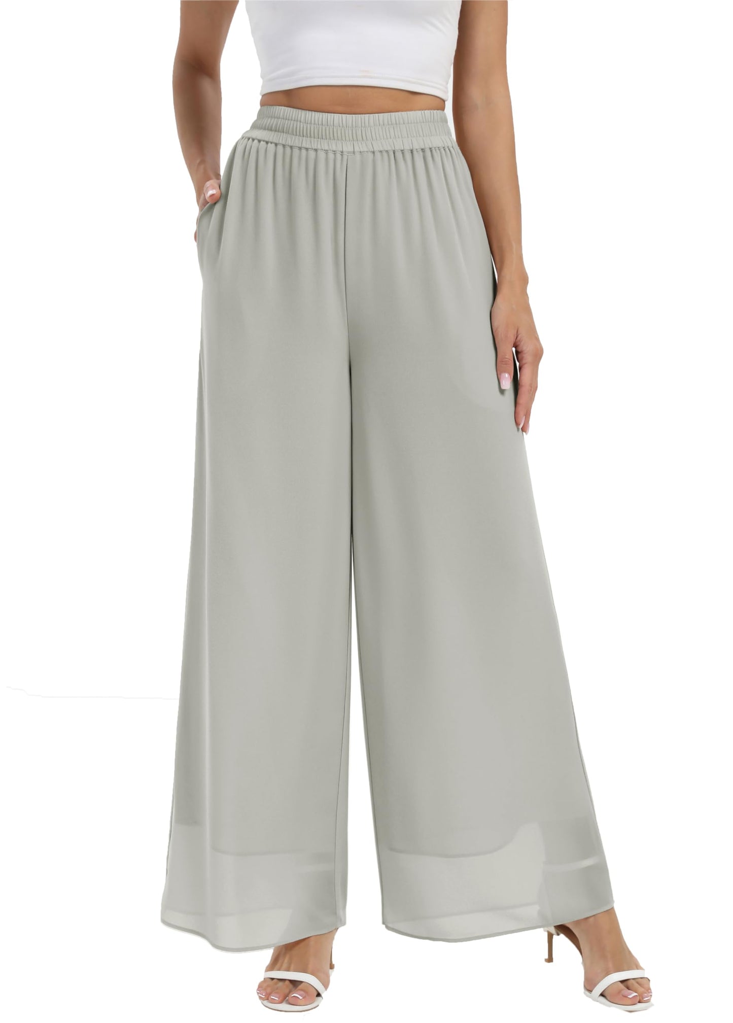 heipeiwa Women's Chiffon Dress Beach Wide Leg Palazzo Pants Elastic Waist Trouser