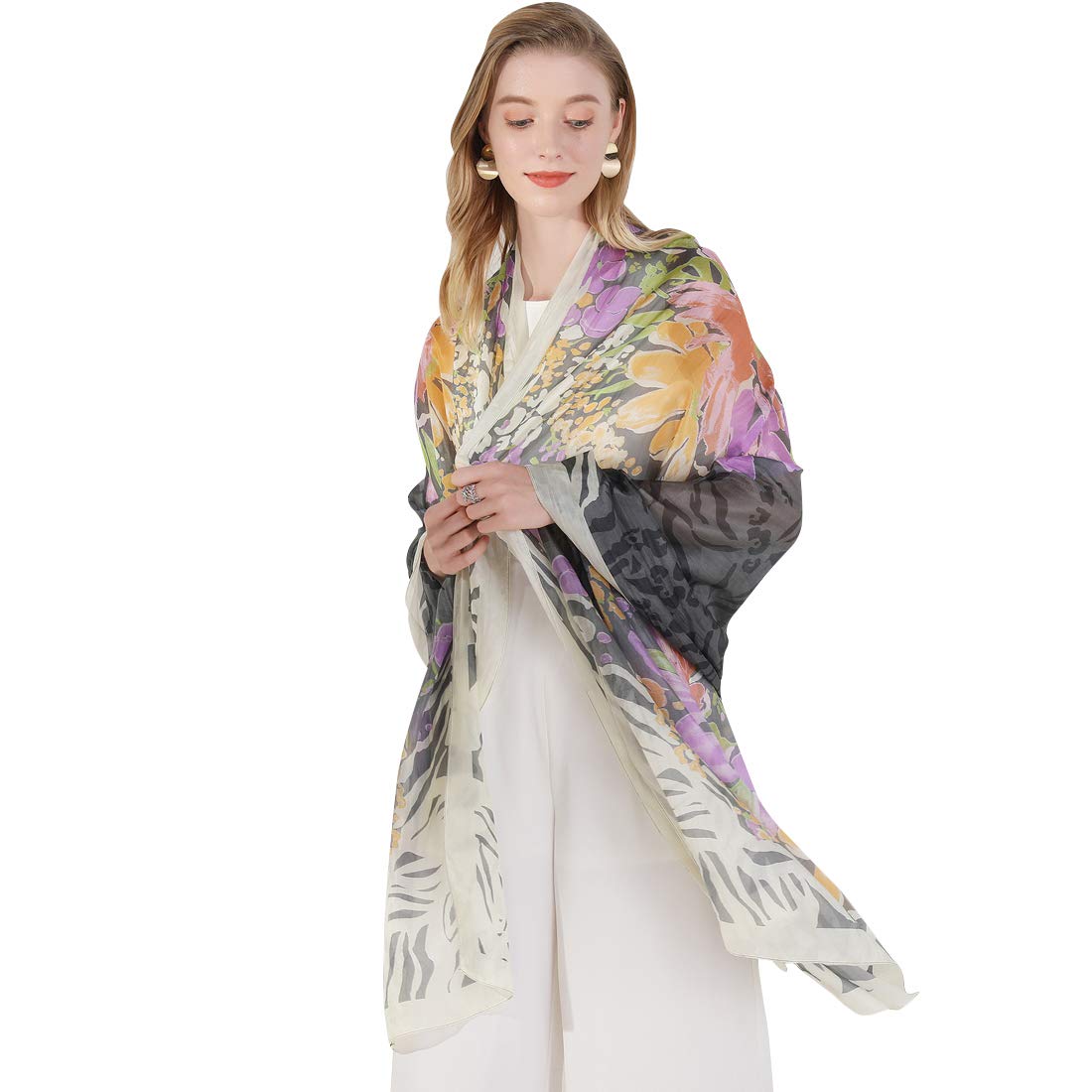 DANA XU 100% Mulberry Satin Silk Summer Travel Scarf Extra Large Women Floral Shawl Oversize Soft Wraps For Evening Dresses