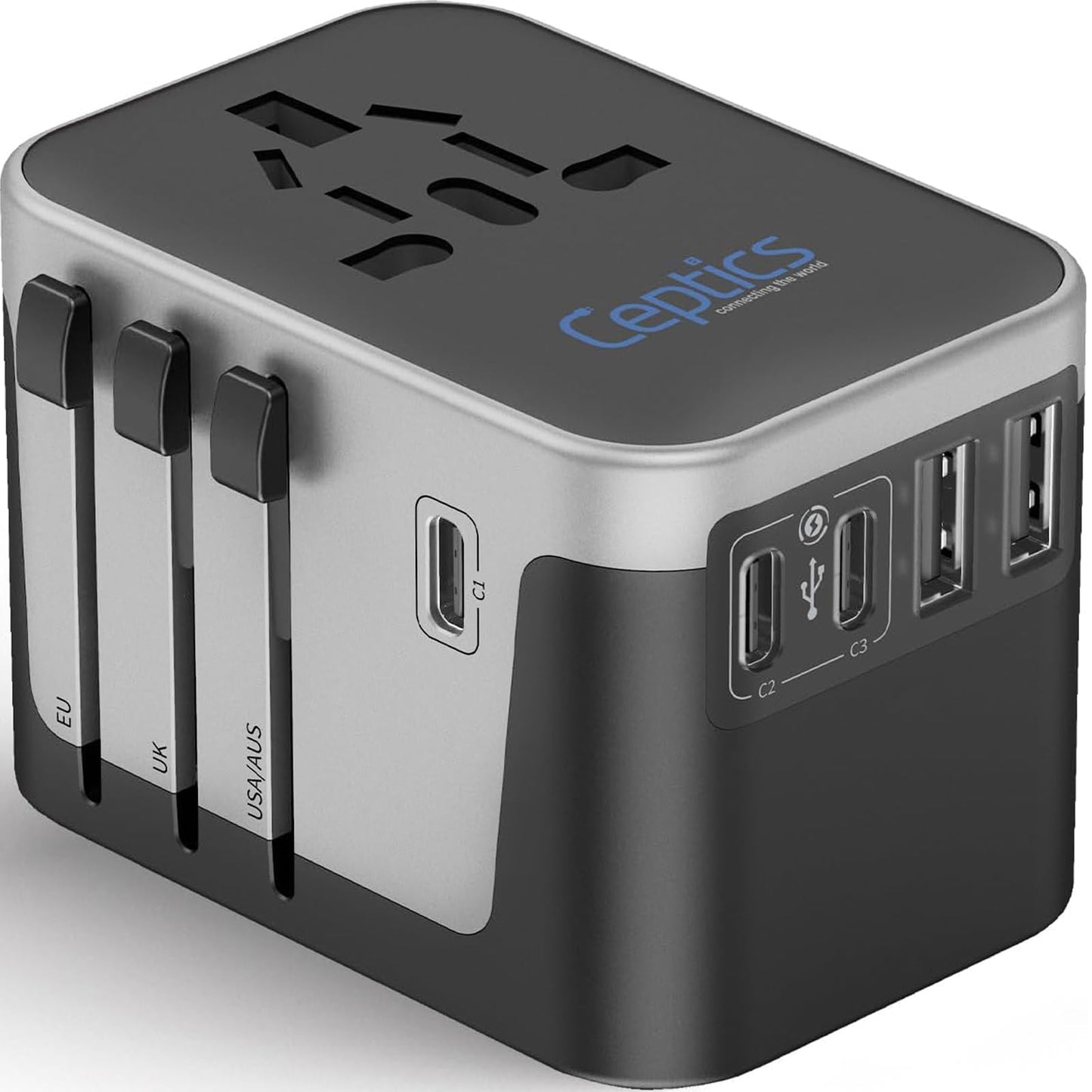 Ceptics Universal Travel Adapter Kit - 2 USB, USB-C Cord+2 US Outlets QC 3.0, Surge Protection, Plugs for Europe, UK, China, Australia, Japan - Perfect for Laptop, Cell Phones, Cameras,Safe ETL Tested