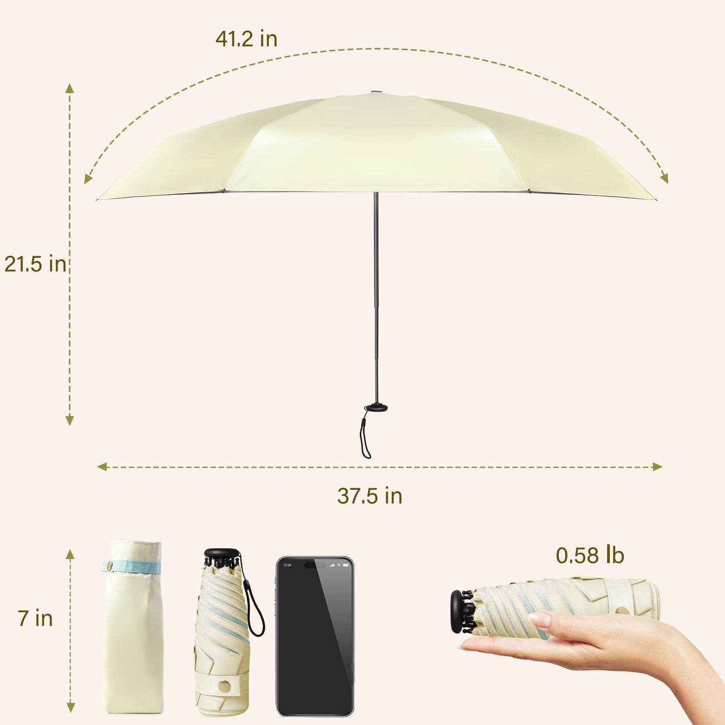 UV Blocker Mini Purse Travel Umbrella, Lightweight Portable Compact Pocket Umbrella with UPF50+ Protection & Windproof Design, Small Sun & Rain
