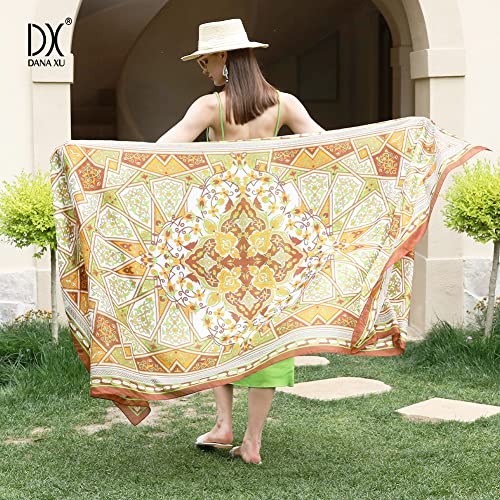 DANA XU 100% Mulberry Satin Silk Summer Travel Scarf Extra Large Women Floral Shawl Oversize Soft Wraps For Evening Dresses