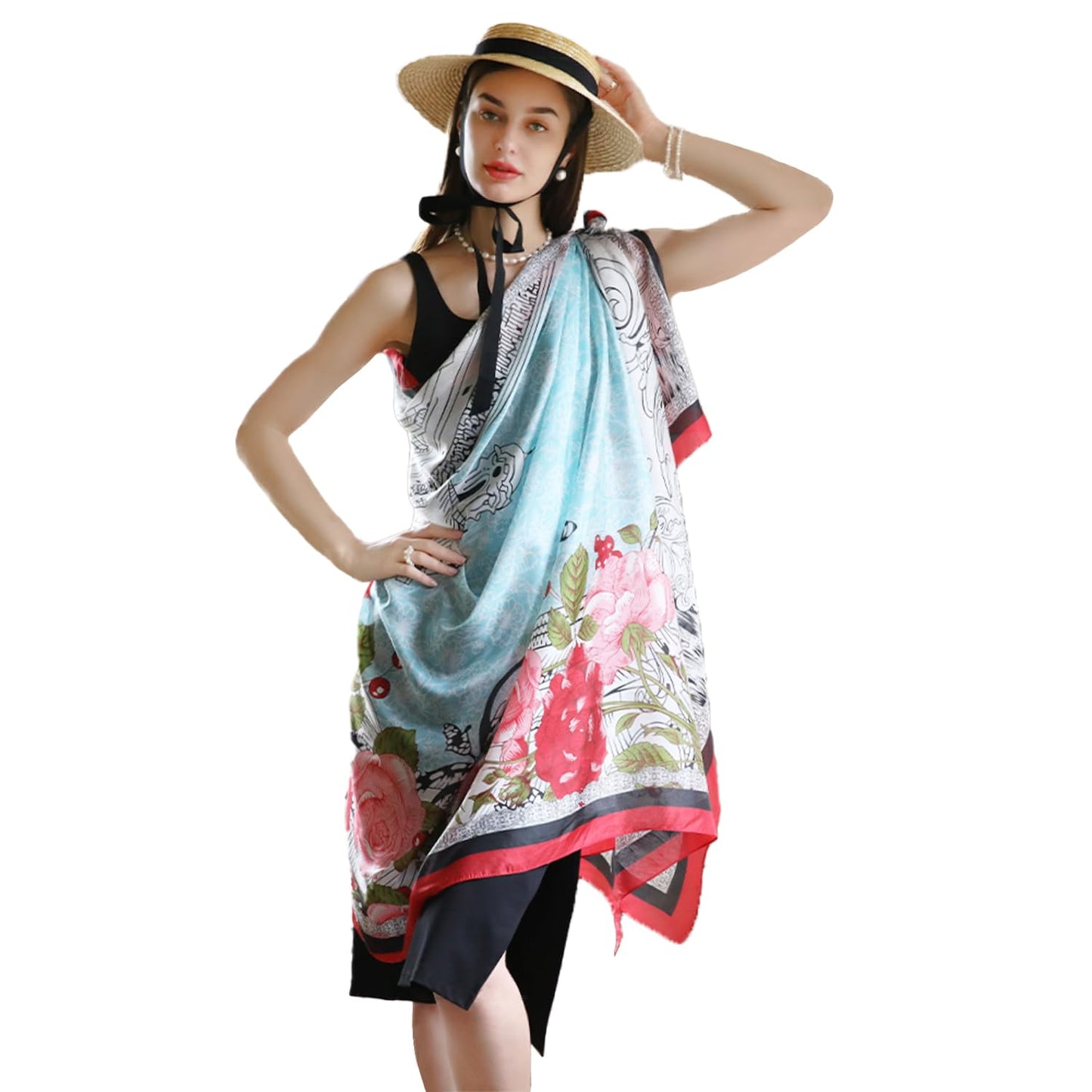 DANA XU 100% Mulberry Satin Silk Summer Travel Scarf Extra Large Women Floral Shawl Oversize Soft Wraps For Evening Dresses