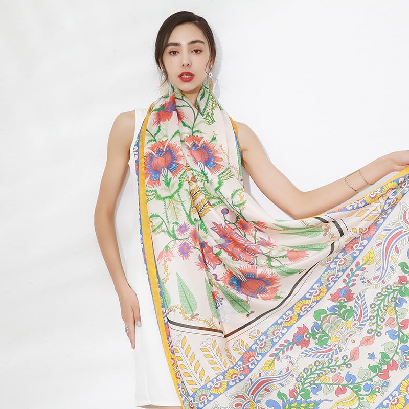 DANA XU 100% Mulberry Satin Silk Summer Travel Scarf Extra Large Women Floral Shawl Oversize Soft Wraps For Evening Dresses