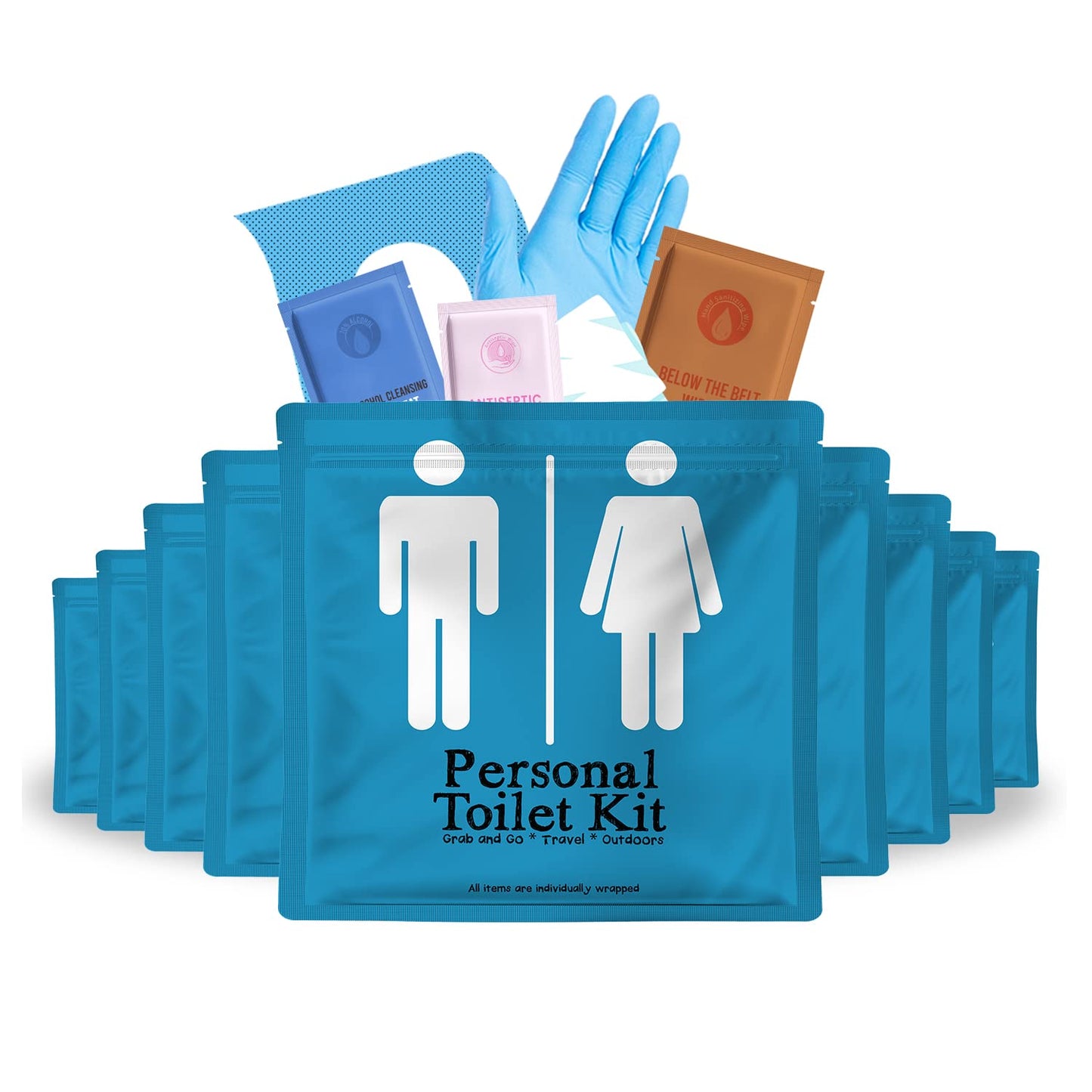 Personal Toilet Kit To Go – 10 Pack | Disposable Public Restroom Kit | Individually Wrapped for Toilet Protection Kit | Toilet Paper, Toilet Seat Cover, Butt Wipes, Cleansing Wipes (White)