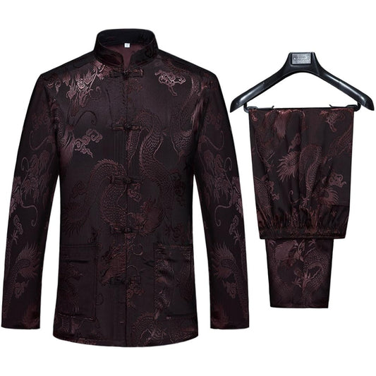 wecotton Tang Suit Men Hanfu Chinese Traditional Clothes Kung Fu Shirt Uniform Long Sleeved Coat Tops and Pants