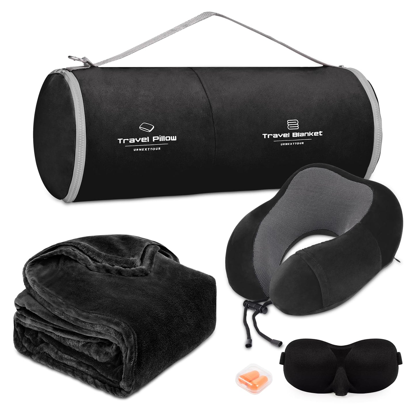 Travel Pillow and Blanket Set Neck Pillows Travel Essentials with Sleep Mask for Airplane Car Memory Foam Pink