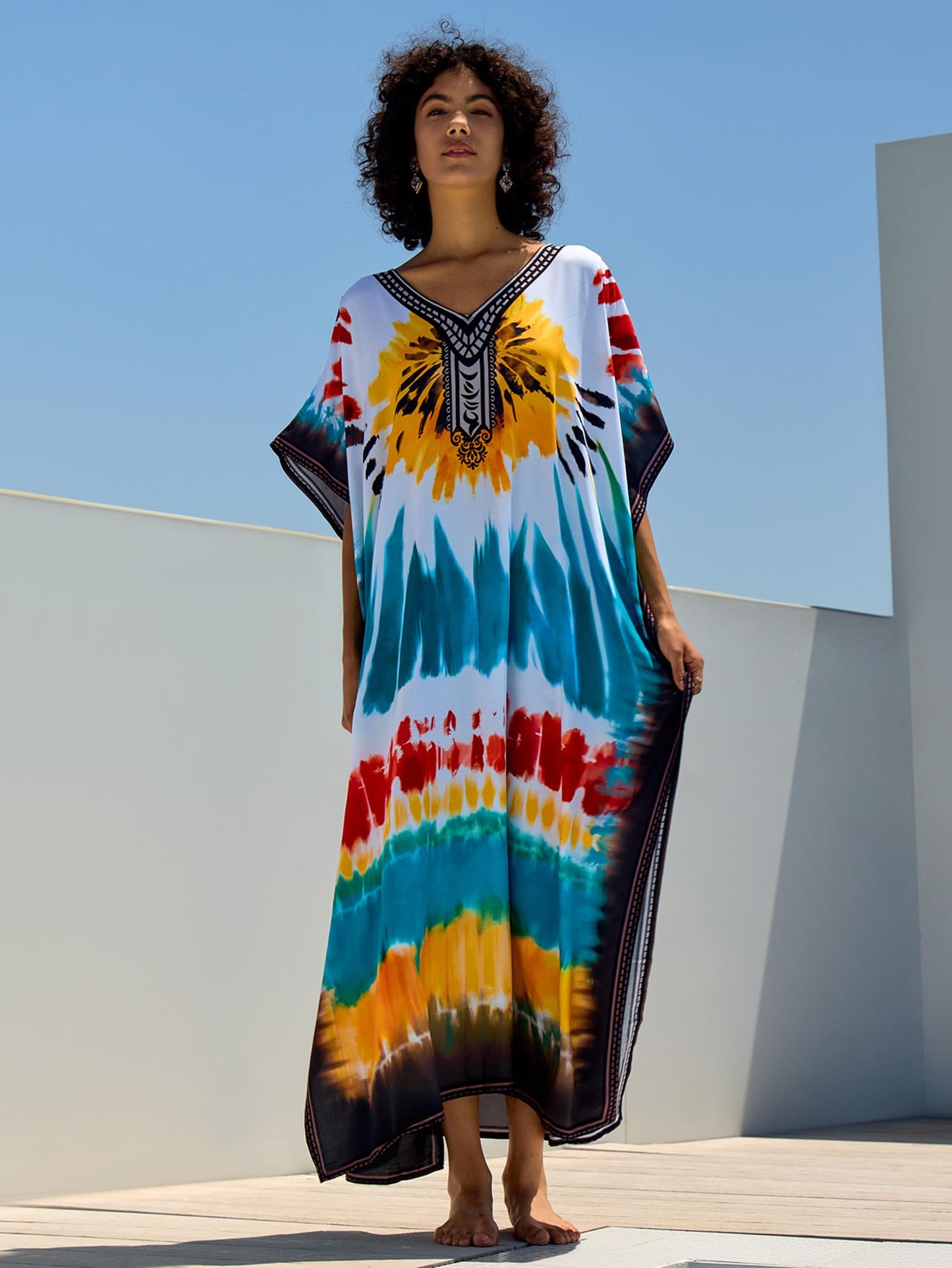 Chunoy Women V Neck Kaftan Casual Bathing Suit Kimono Sleeve Side Split Beach Cover Up Caftan Dress