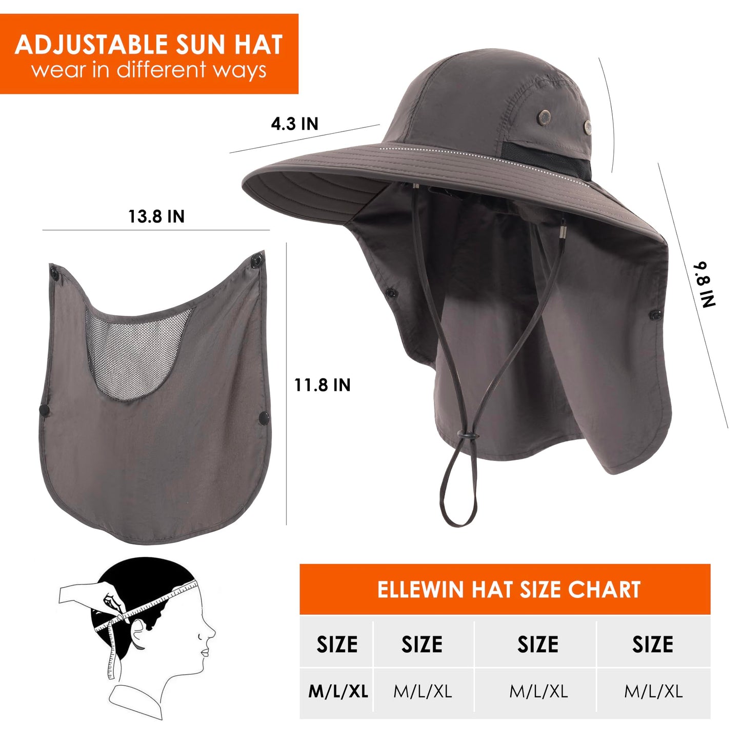 Mens Women Fishing Hat UPF 50+ Wide Brim Sun Hat with Face Cover & Neck Flap