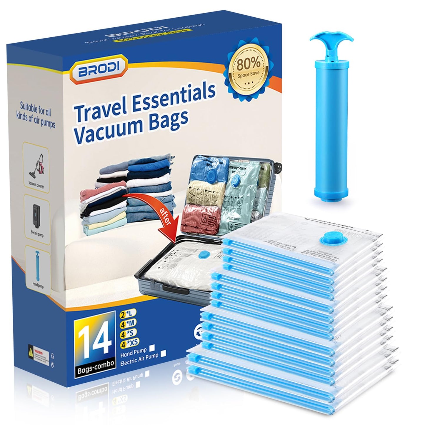 BRODI 10 Combo Pack Travel Vacuum Bags with Pump - Space Saver & Travel Essentials, Clothing & Luggage Vacuum Seal Bags