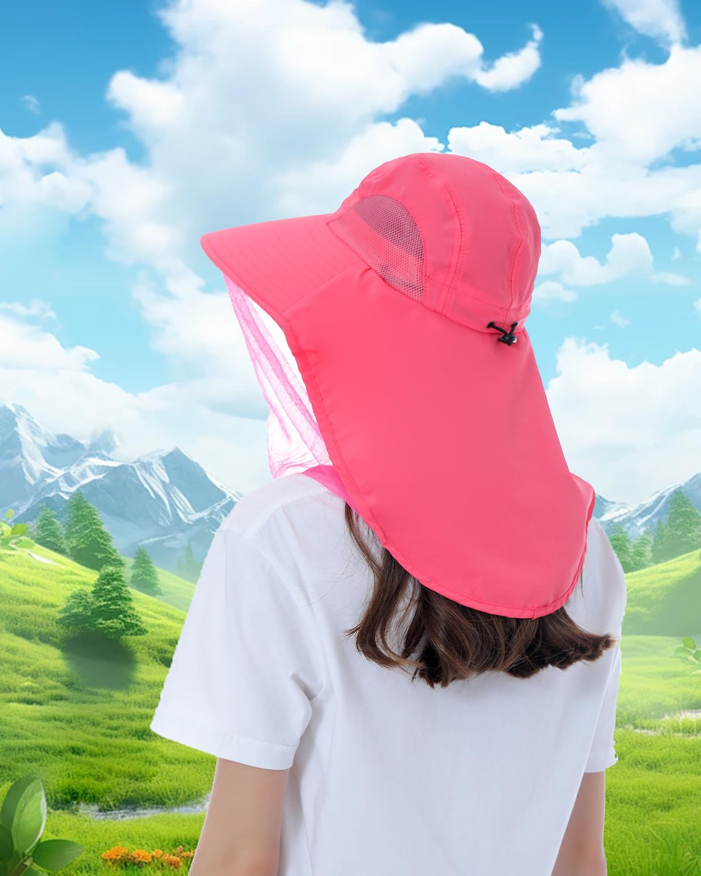 Womens Sun Hat Outdoor UV Protection Wide Brim Fishing Hat with Ponytail Hole Neck Flap for Beach Hiking Camping