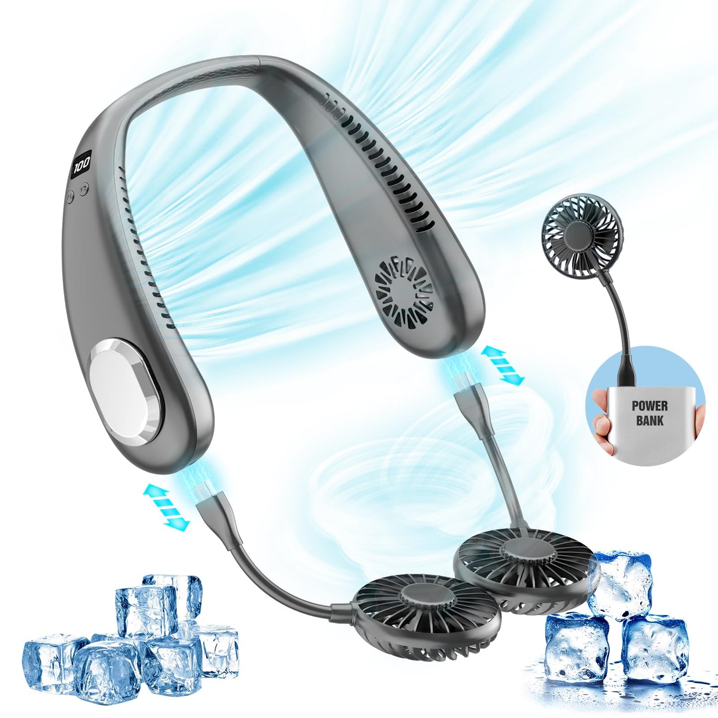 Portable Neck Fan, 9000mAh Hand Free Neck Fan, Neck Fan Air Conditioner, Bladeless Cooling Personal Neck Fan with 4 Air Outlet 3 speed for Travel, Camping, Yard Work, White