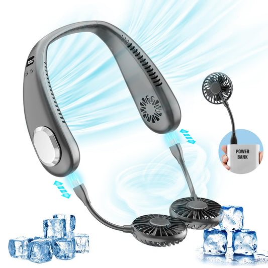 Portable Neck Fan, 9000mAh Hand Free Neck Fan, Neck Fan Air Conditioner, Bladeless Cooling Personal Neck Fan with 4 Air Outlet 3 speed for Travel, Camping, Yard Work, White