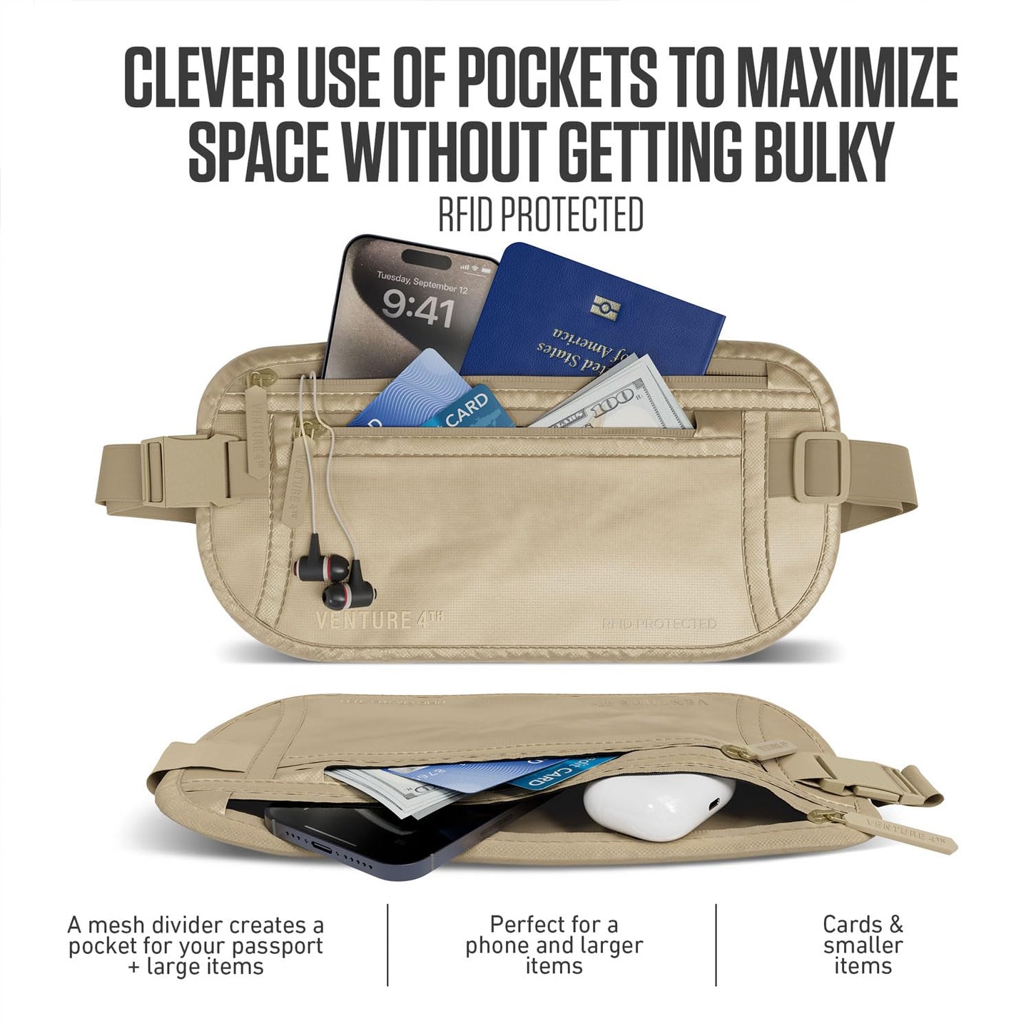 VENTURE 4TH Travel Money Belt - RFID Blocking (Gray)