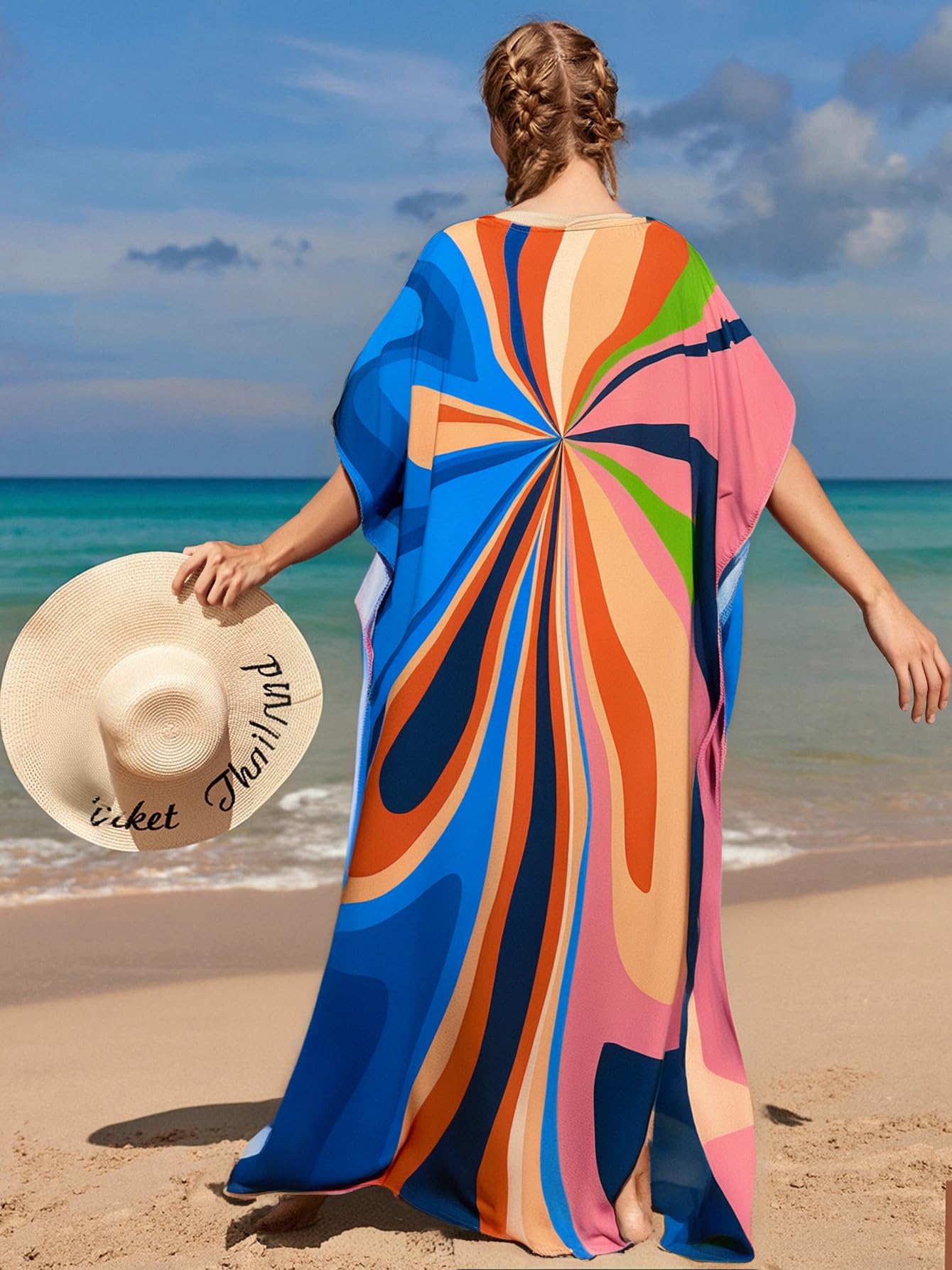 RanRui Floral Print Kaftan Dresses for Women Ethnic Boho Print Swim Cover up Batwing Sleeve Vneck Caftans