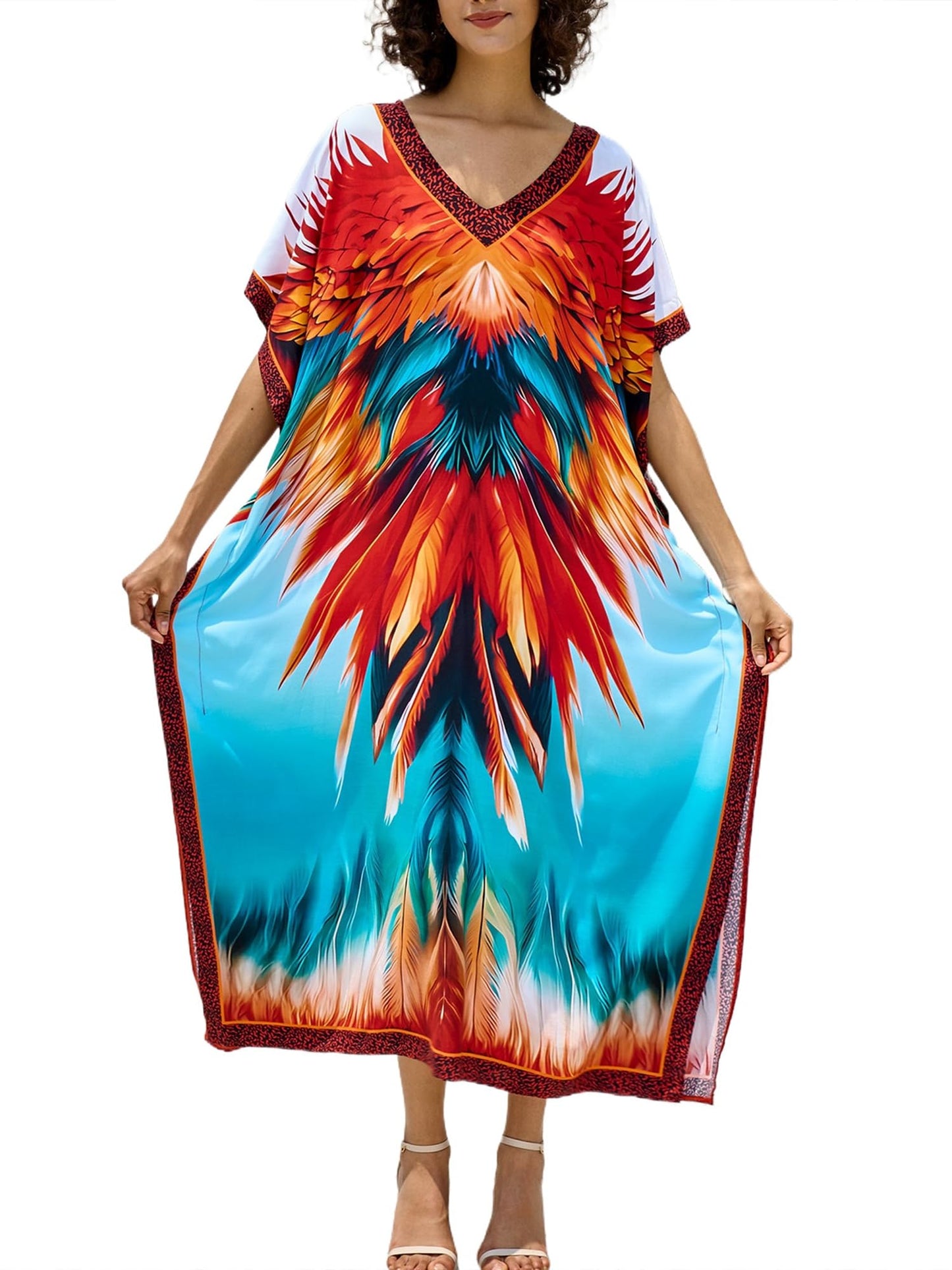 Chunoy Women V Neck Kaftan Casual Bathing Suit Kimono Sleeve Side Split Beach Cover Up Caftan Dress