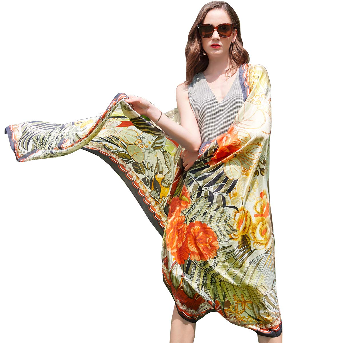 DANA XU 100% Mulberry Satin Silk Summer Travel Scarf Extra Large Women Floral Shawl Oversize Soft Wraps For Evening Dresses