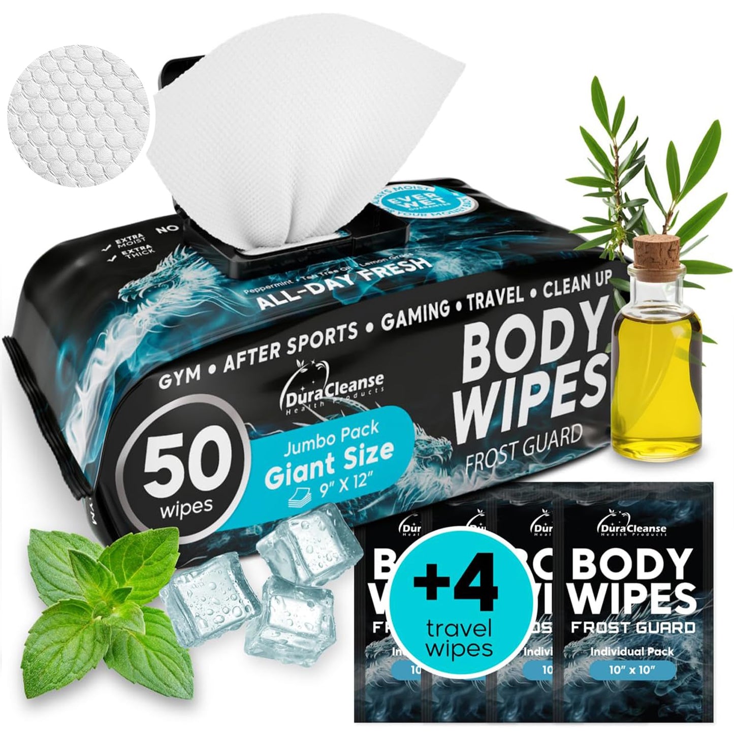 Body Wipes for Adults Bathing No Rinse - 20 Count Travel Shower Wipes - 9" x 12" Individually Wrapped Thick Cleansing Waterless Wash Scrubs - Disposable Washcloths for Camping & Elderly Incontinence