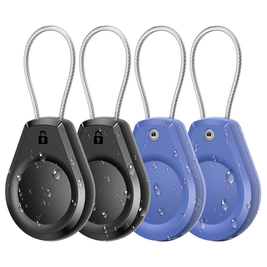 Waterproof AirTag Keychain Holder - (4 Pack) Air tag Lock Case with Wire Cable Compatible with Apple AirTags, Ultra Durable Anti-Lost Protective Case with Keyring for Luggage, Key, Backpack, Black
