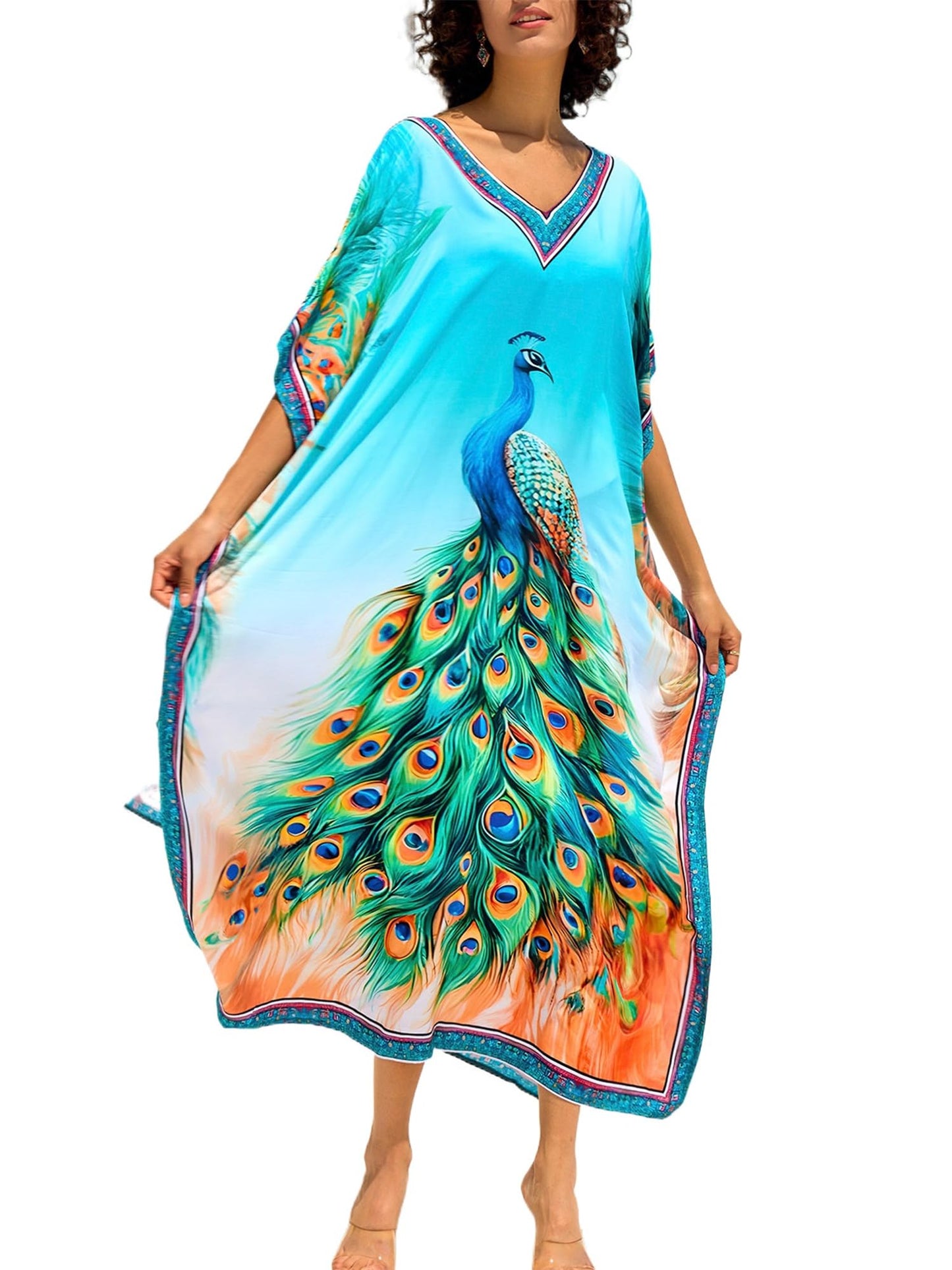Chunoy Women V Neck Kaftan Casual Bathing Suit Kimono Sleeve Side Split Beach Cover Up Caftan Dress