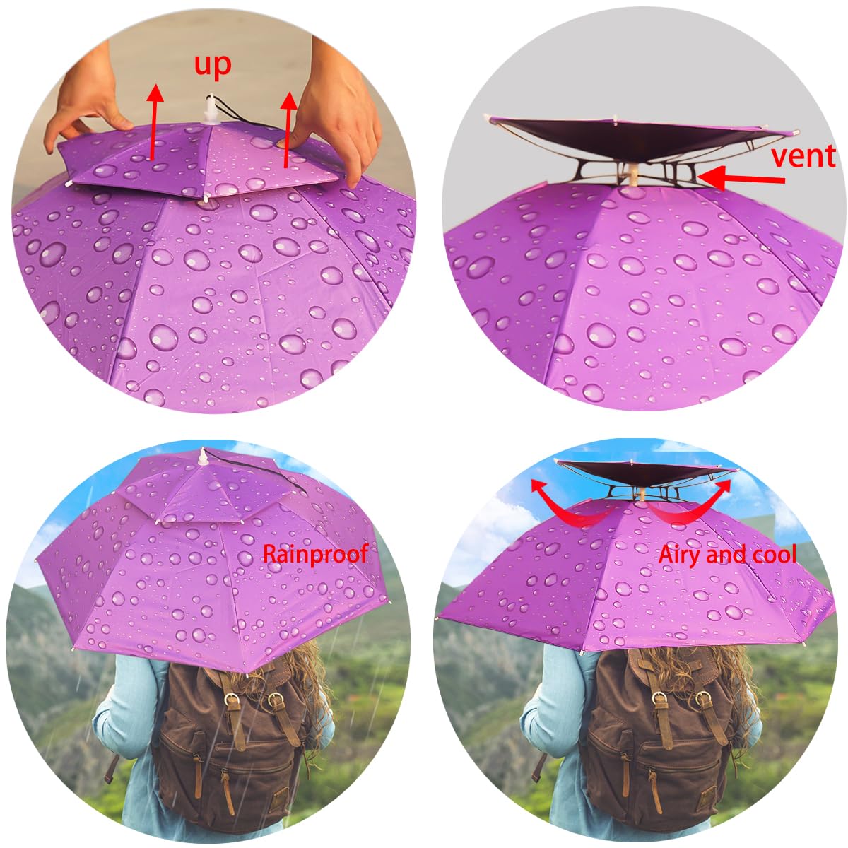 Umbrella Hat, 37 inch Fishing Umbrella Hat Hands Free Foldable UV Protection Umbrella Cap Adjustable Headwear for Fishing Golf Camping Beach Gardening Sunshade Outdoor
