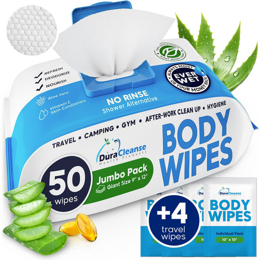 Body Wipes for Adults Bathing No Rinse - 20 Count Travel Shower Wipes - 9" x 12" Individually Wrapped Thick Cleansing Waterless Wash Scrubs - Disposable Washcloths for Camping & Elderly Incontinence