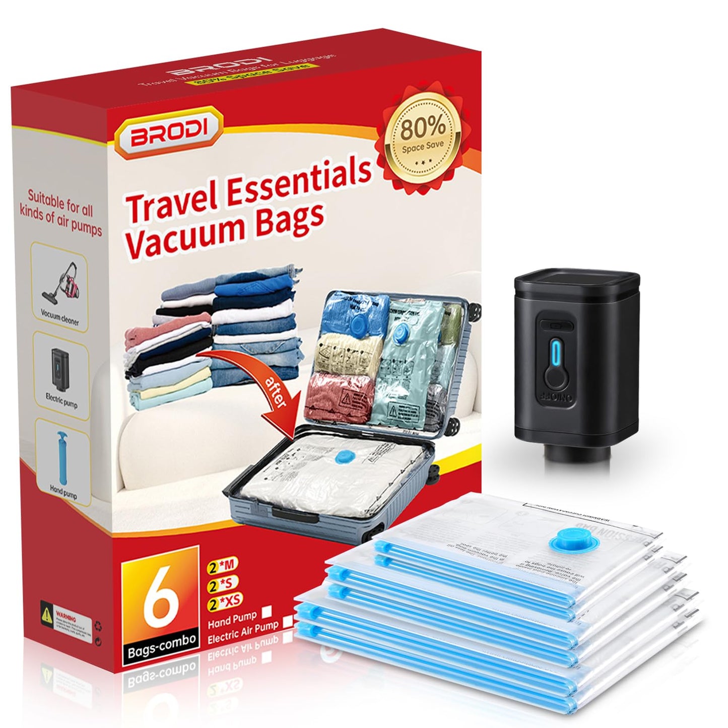 BRODI 10 Combo Pack Travel Vacuum Bags with Pump - Space Saver & Travel Essentials, Clothing & Luggage Vacuum Seal Bags