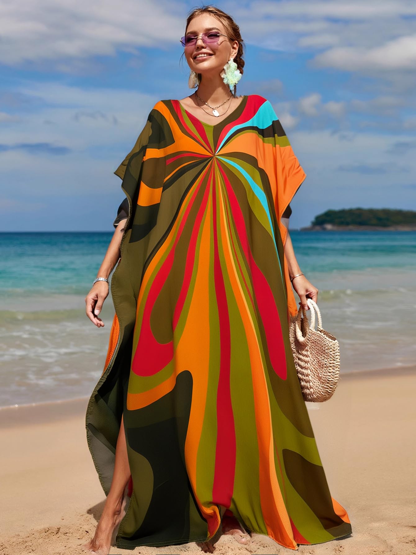 RanRui Floral Print Kaftan Dresses for Women Ethnic Boho Print Swim Cover up Batwing Sleeve Vneck Caftans