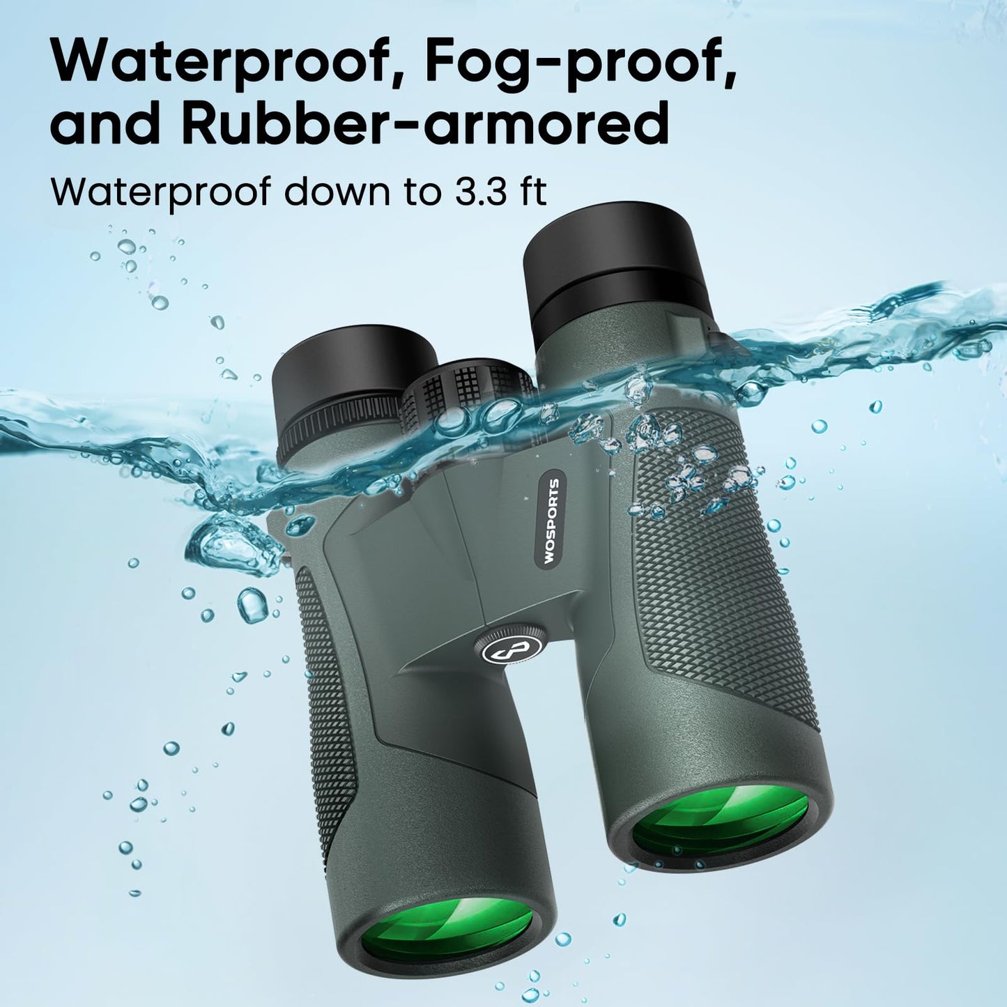 WOSPORTS 10x42 Binoculars for Adults, IPX7 Waterproof Binoculars with Clear Low Light Vision, Compact Binoculars for Bird Watching Hunting Cruise Travel, Green, BC01-GRE