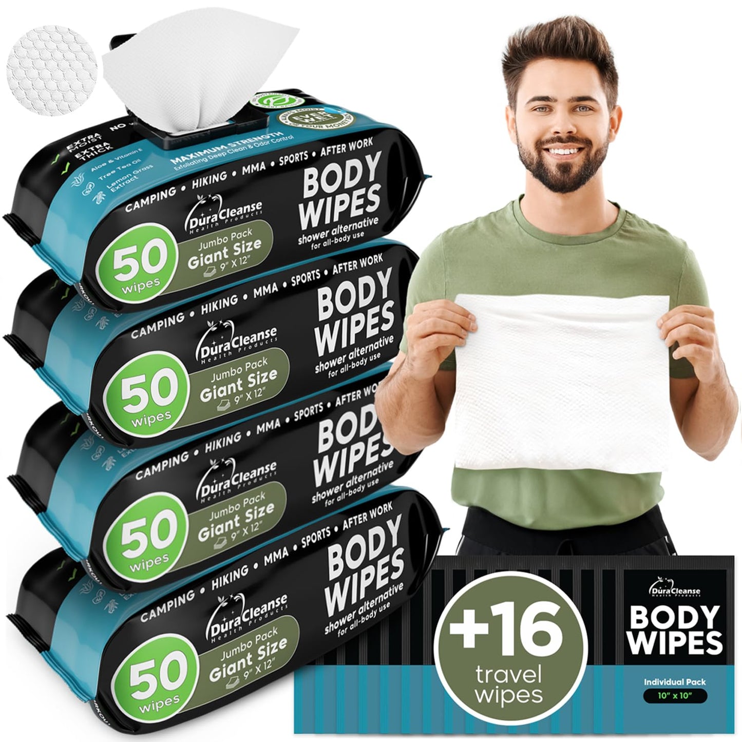 Body Wipes for Adults Bathing No Rinse - 20 Count Travel Shower Wipes - 9" x 12" Individually Wrapped Thick Cleansing Waterless Wash Scrubs - Disposable Washcloths for Camping & Elderly Incontinence