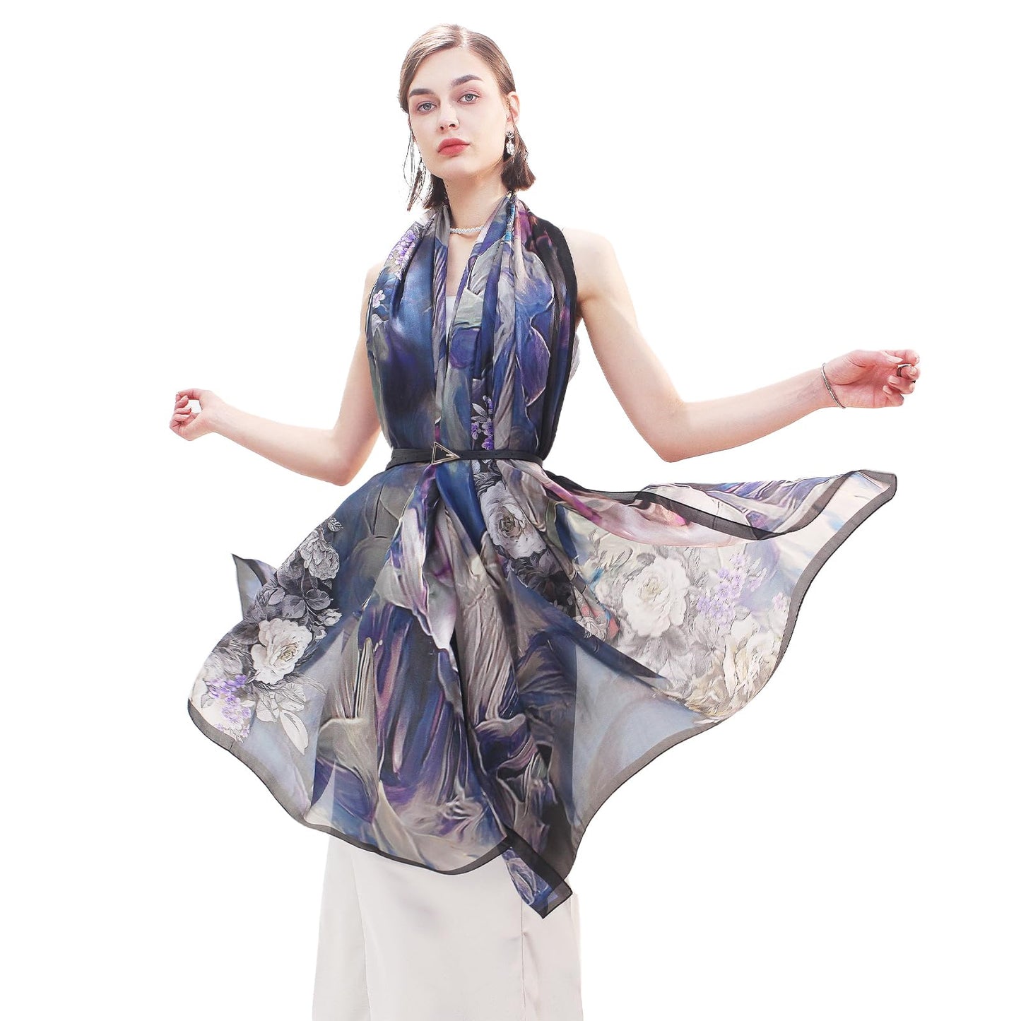DANA XU 100% Mulberry Satin Silk Summer Travel Scarf Extra Large Women Floral Shawl Oversize Soft Wraps For Evening Dresses