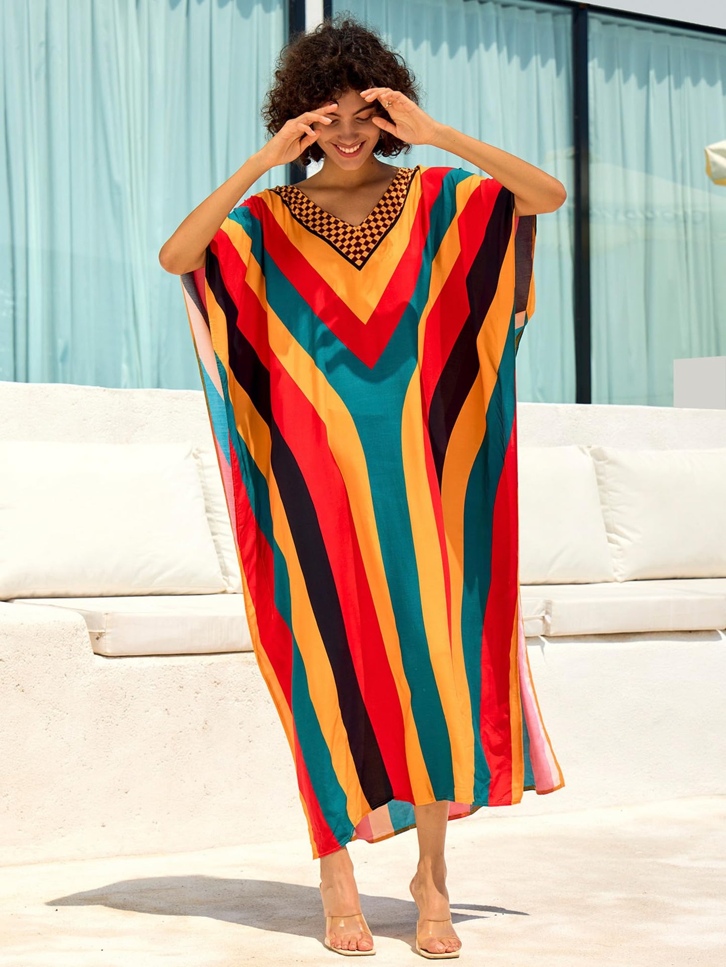 Chunoy Women V Neck Kaftan Casual Bathing Suit Kimono Sleeve Side Split Beach Cover Up Caftan Dress