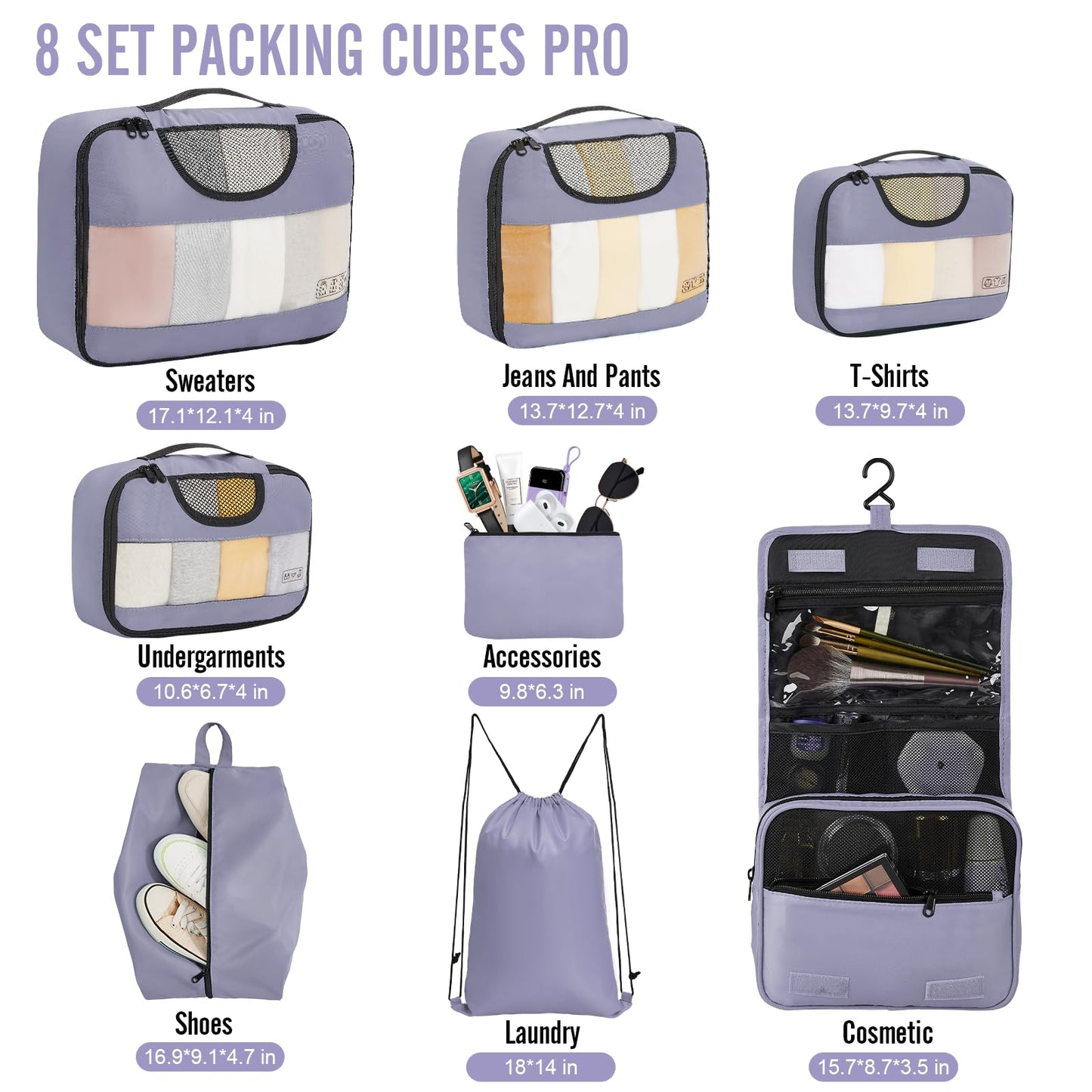 Veken 8 Set Packing Cubes for Travel Essentials, Suitcase Organizer Bags Set for Luggage, Road Trip Travel Accessories in 4 Sizes (Extra Large, Large, Medium, Small)
