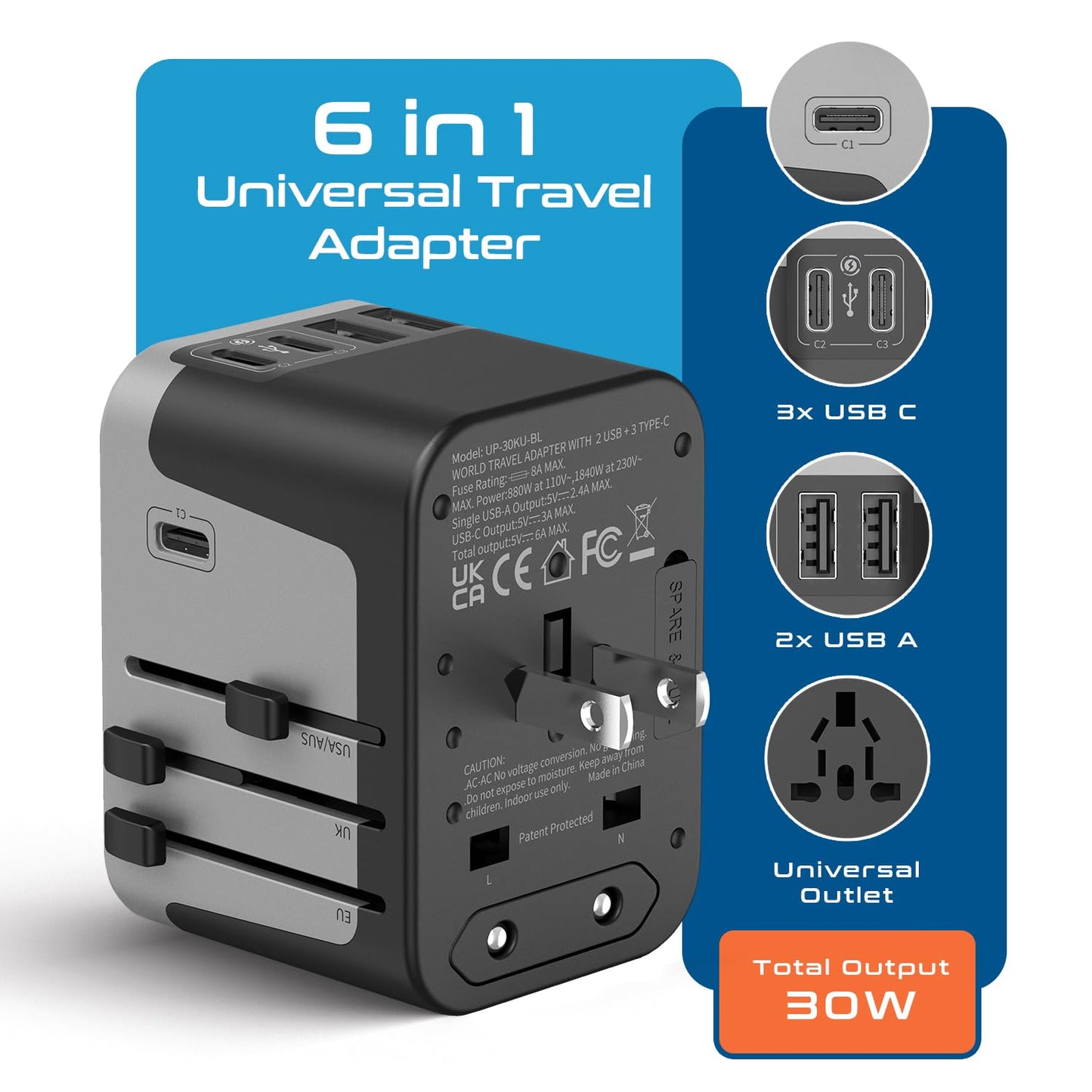 Ceptics Universal Travel Adapter Kit - 2 USB, USB-C Cord+2 US Outlets QC 3.0, Surge Protection, Plugs for Europe, UK, China, Australia, Japan - Perfect for Laptop, Cell Phones, Cameras,Safe ETL Tested