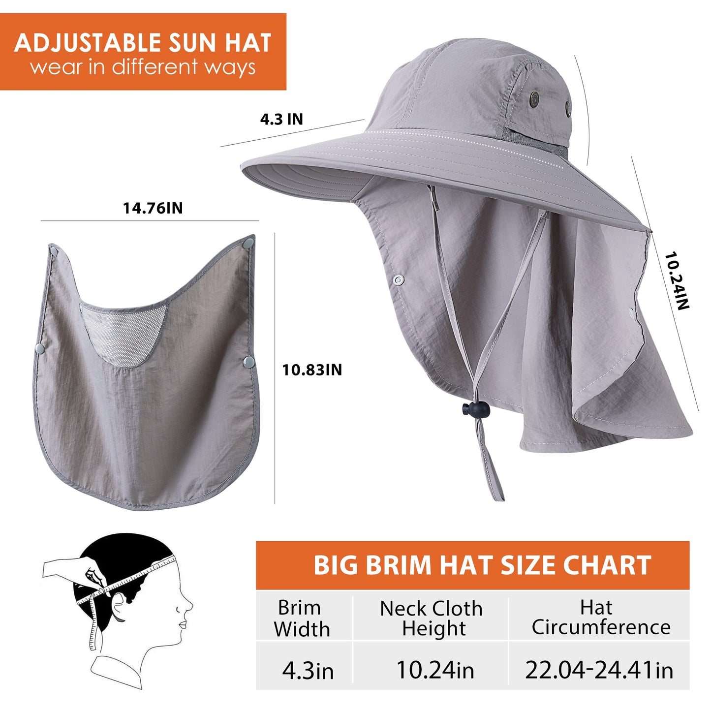 Mens Women Fishing Hat UPF 50+ Wide Brim Sun Hat with Face Cover & Neck Flap