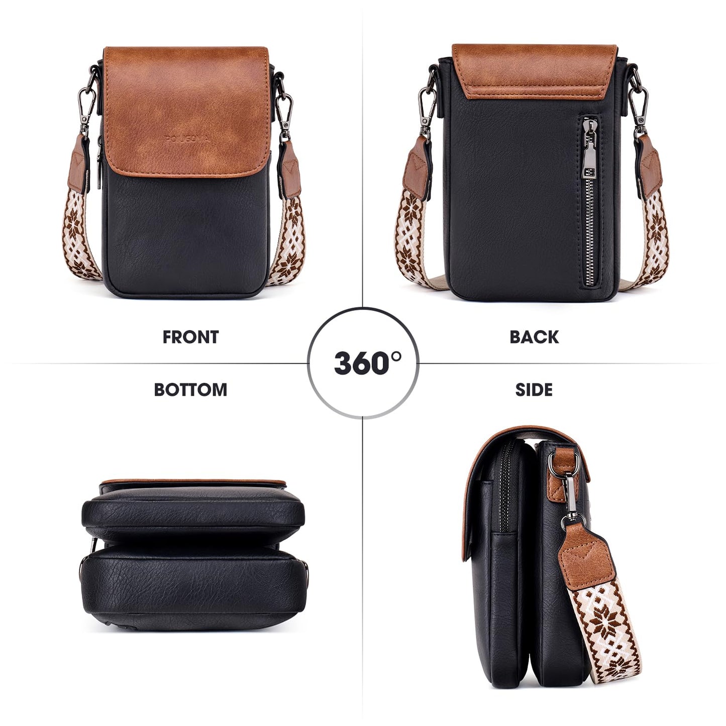 POIUGOYA Small Crossbody Bags for Women Trendy,Leather Triple Compartment Cell Phone Crossbody Wallet Purses with Card Slots