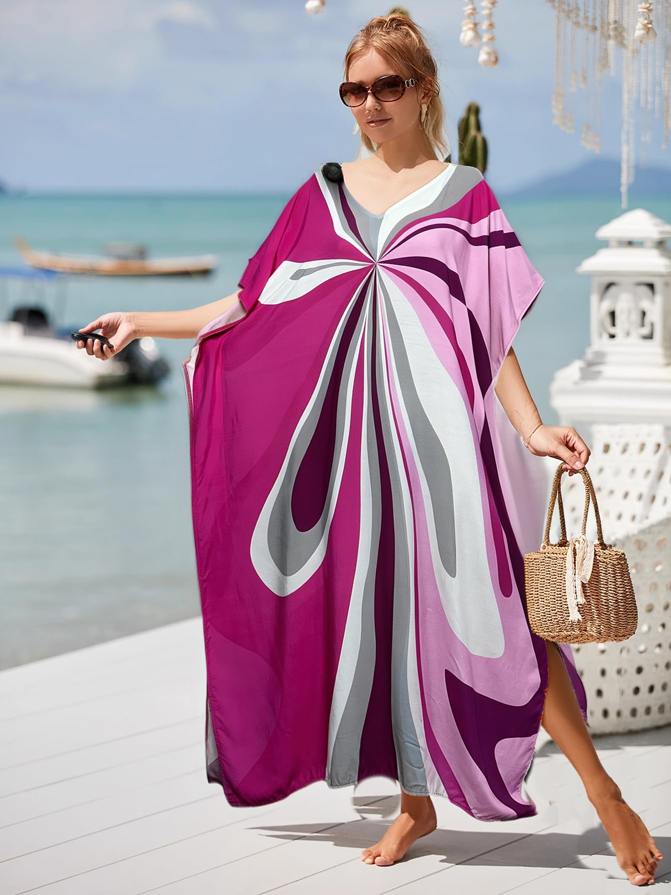 RanRui Floral Print Kaftan Dresses for Women Ethnic Boho Print Swim Cover up Batwing Sleeve Vneck Caftans