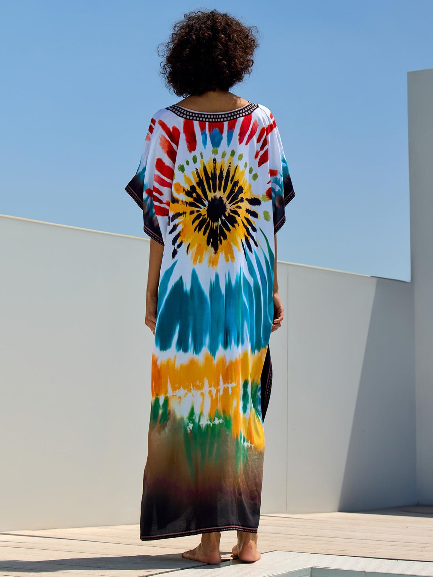Chunoy Women V Neck Kaftan Casual Bathing Suit Kimono Sleeve Side Split Beach Cover Up Caftan Dress