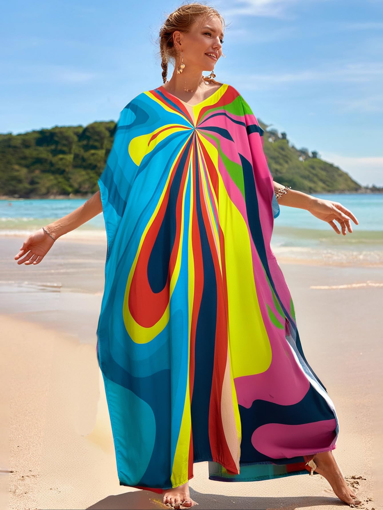 RanRui Floral Print Kaftan Dresses for Women Ethnic Boho Print Swim Cover up Batwing Sleeve Vneck Caftans