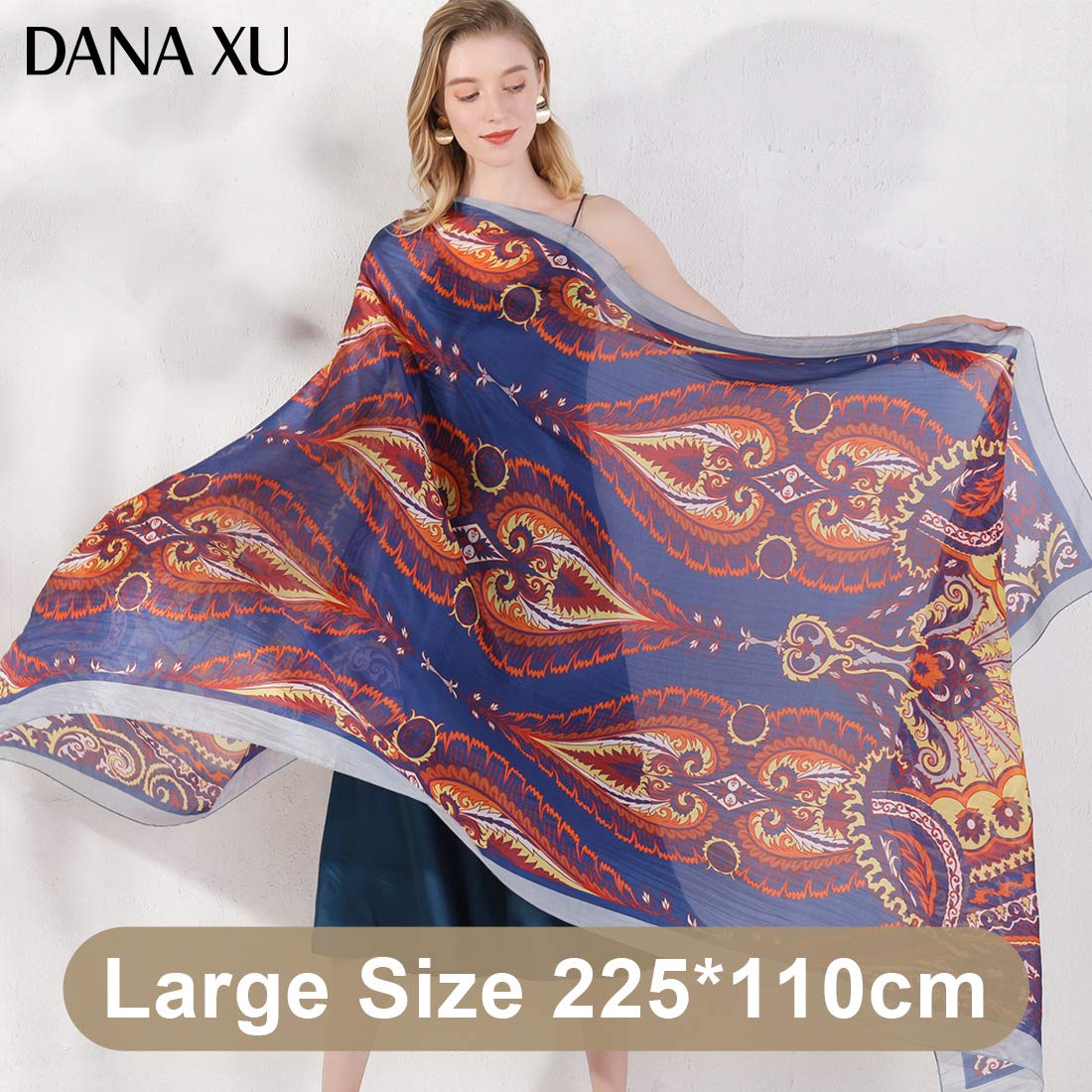 DANA XU 100% Mulberry Satin Silk Summer Travel Scarf Extra Large Women Floral Shawl Oversize Soft Wraps For Evening Dresses