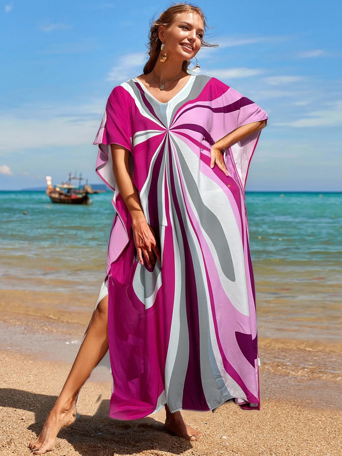 RanRui Floral Print Kaftan Dresses for Women Ethnic Boho Print Swim Cover up Batwing Sleeve Vneck Caftans