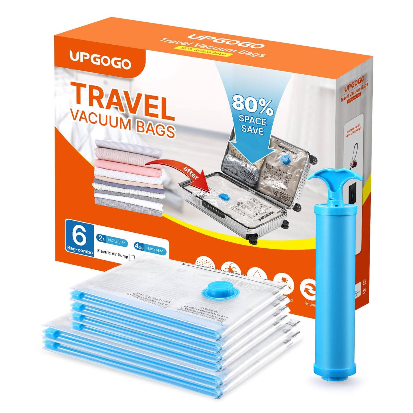 Travel Vacuum Bags Combo 6 Pack - Space Saver Vacuum Storage Bags for Clothing and Luggage