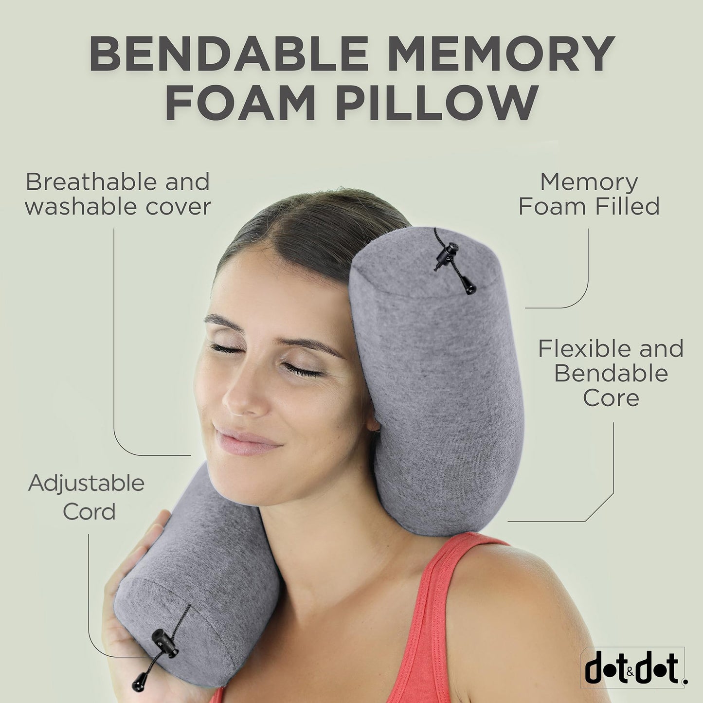 Dot&Dot Twist Memory Foam Travel Pillow for Airplanes - Travel Neck Pillow for Sleeping - Airplane Pillow for Neck Support, Chin, Lumbar and Leg - Adjustable, Bendable Neck Roll Pillow