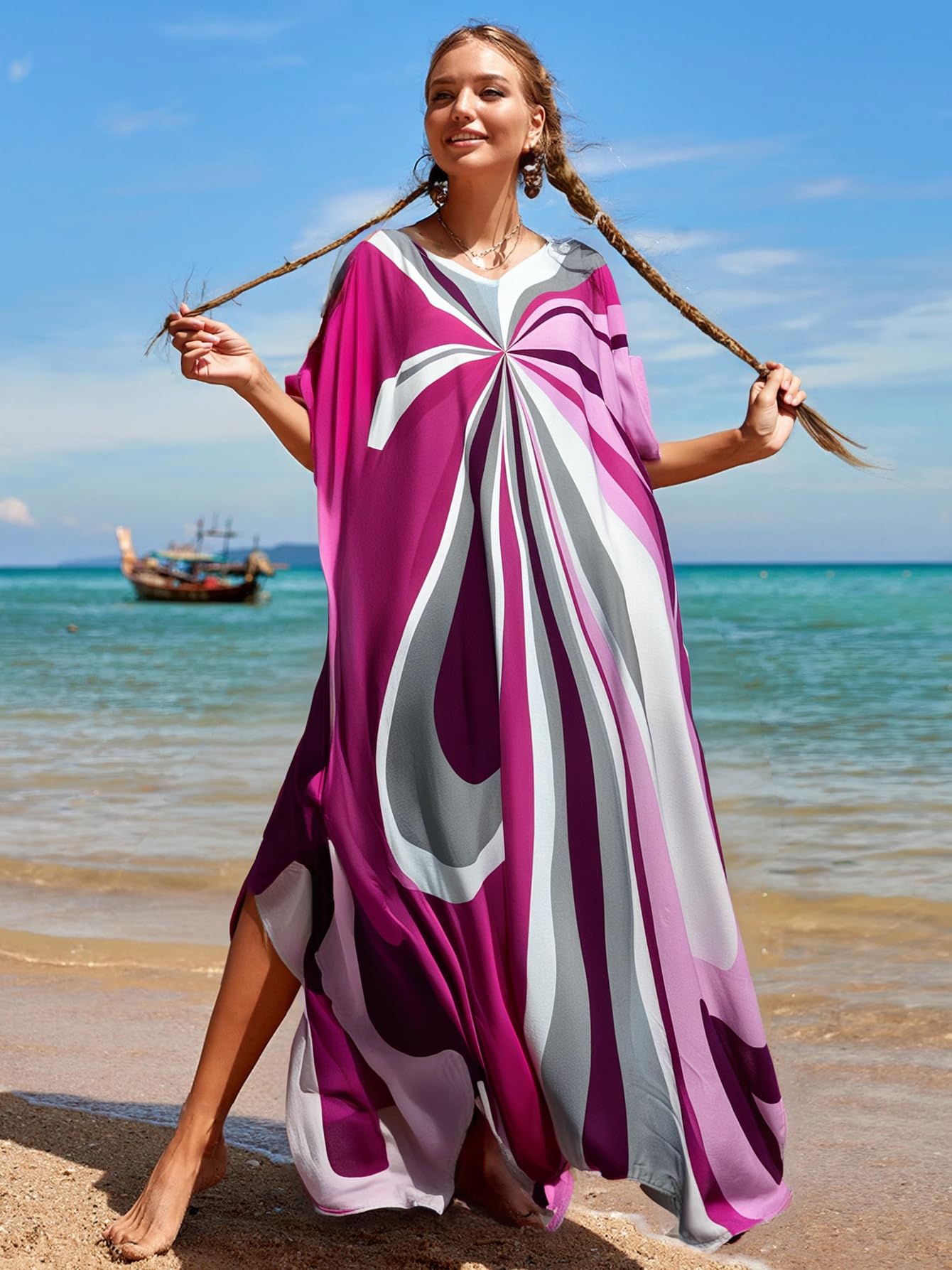 RanRui Floral Print Kaftan Dresses for Women Ethnic Boho Print Swim Cover up Batwing Sleeve Vneck Caftans