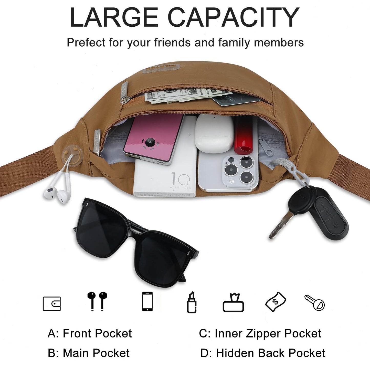MAXTOP Large Crossbody Fanny Pack with 4-Zipper Pockets,Gifts for Enjoy Sports Festival Workout Traveling Running Casual Hands-Free Wallets Waist Pack Phone Bag Carrying All Phones