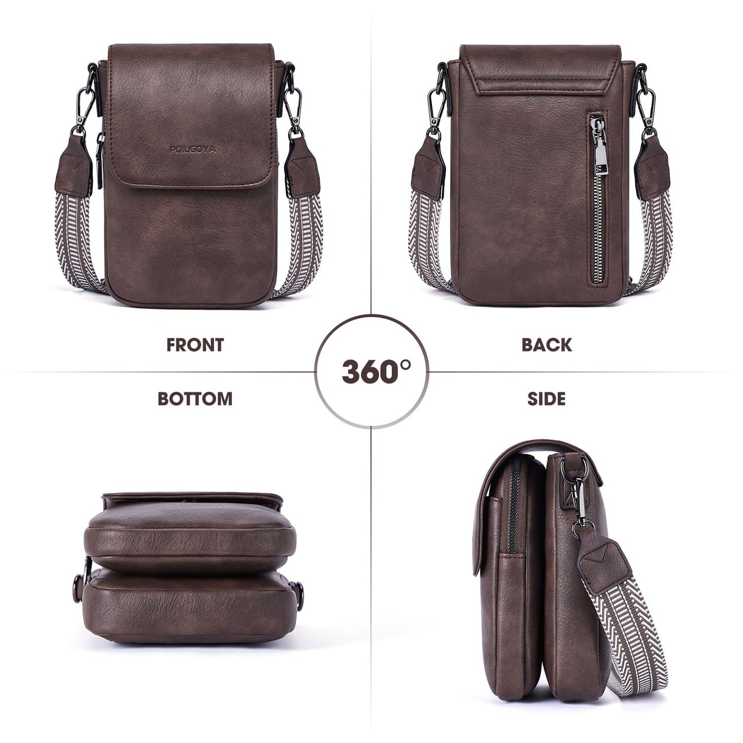 POIUGOYA Small Crossbody Bags for Women Trendy,Leather Triple Compartment Cell Phone Crossbody Wallet Purses with Card Slots
