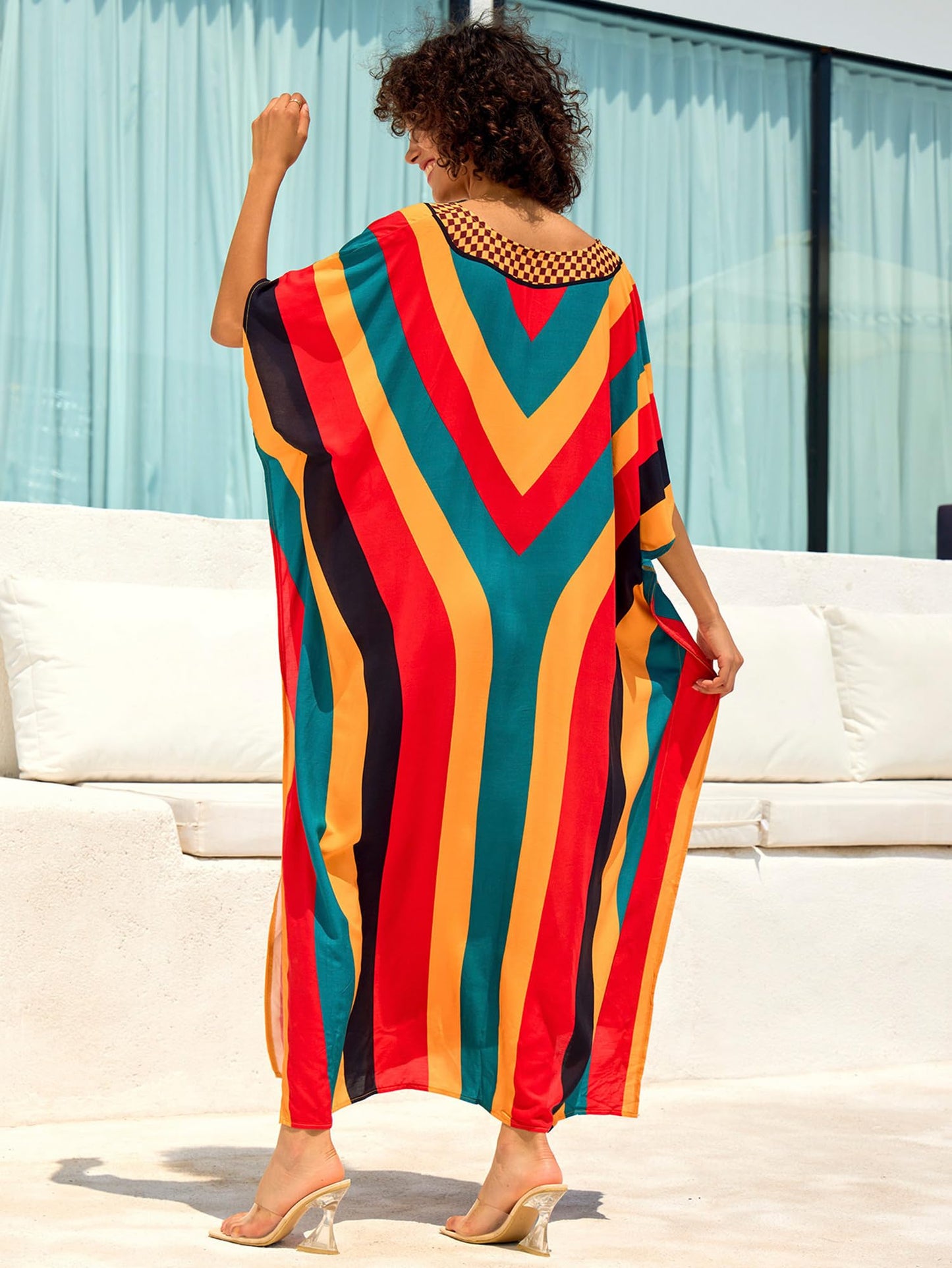 Chunoy Women V Neck Kaftan Casual Bathing Suit Kimono Sleeve Side Split Beach Cover Up Caftan Dress